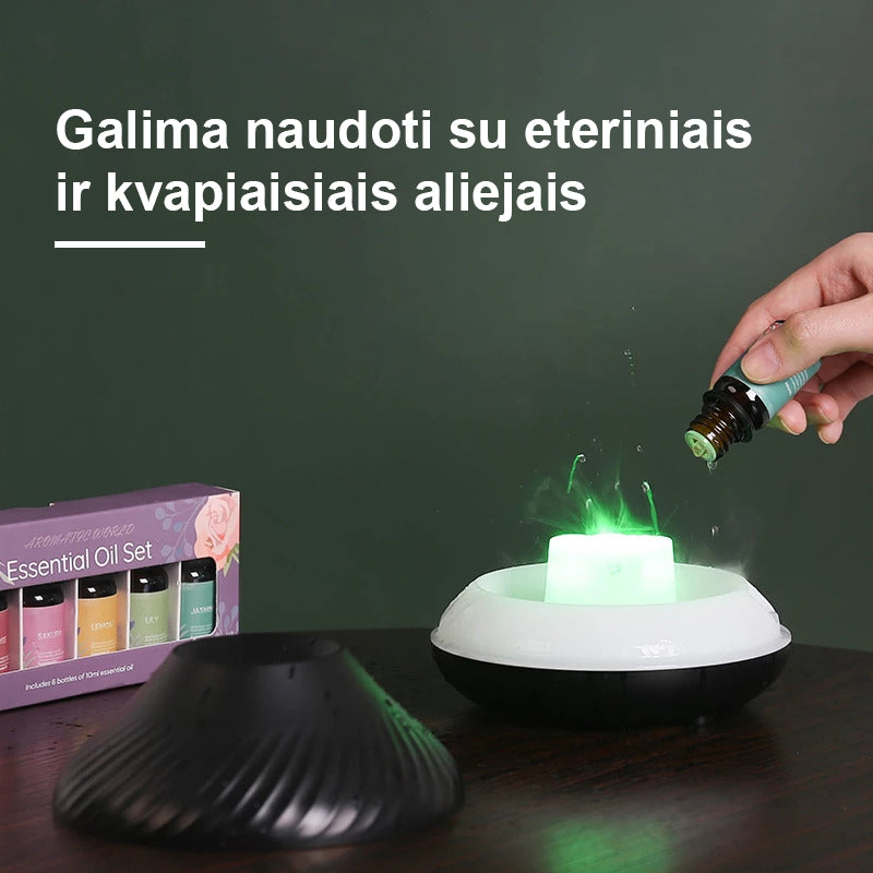 Aromatinis difuzorius oro drėkintuvas 3in1 - Vulkanas su liepsnos efektu + 3 eteriniai aliejai