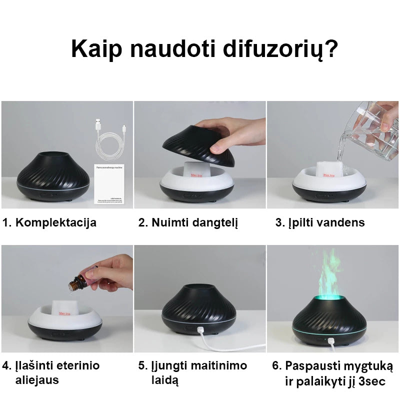 Aromatinis difuzorius oro drėkintuvas 3in1 - Vulkanas su liepsnos efektu + 3 eteriniai aliejai