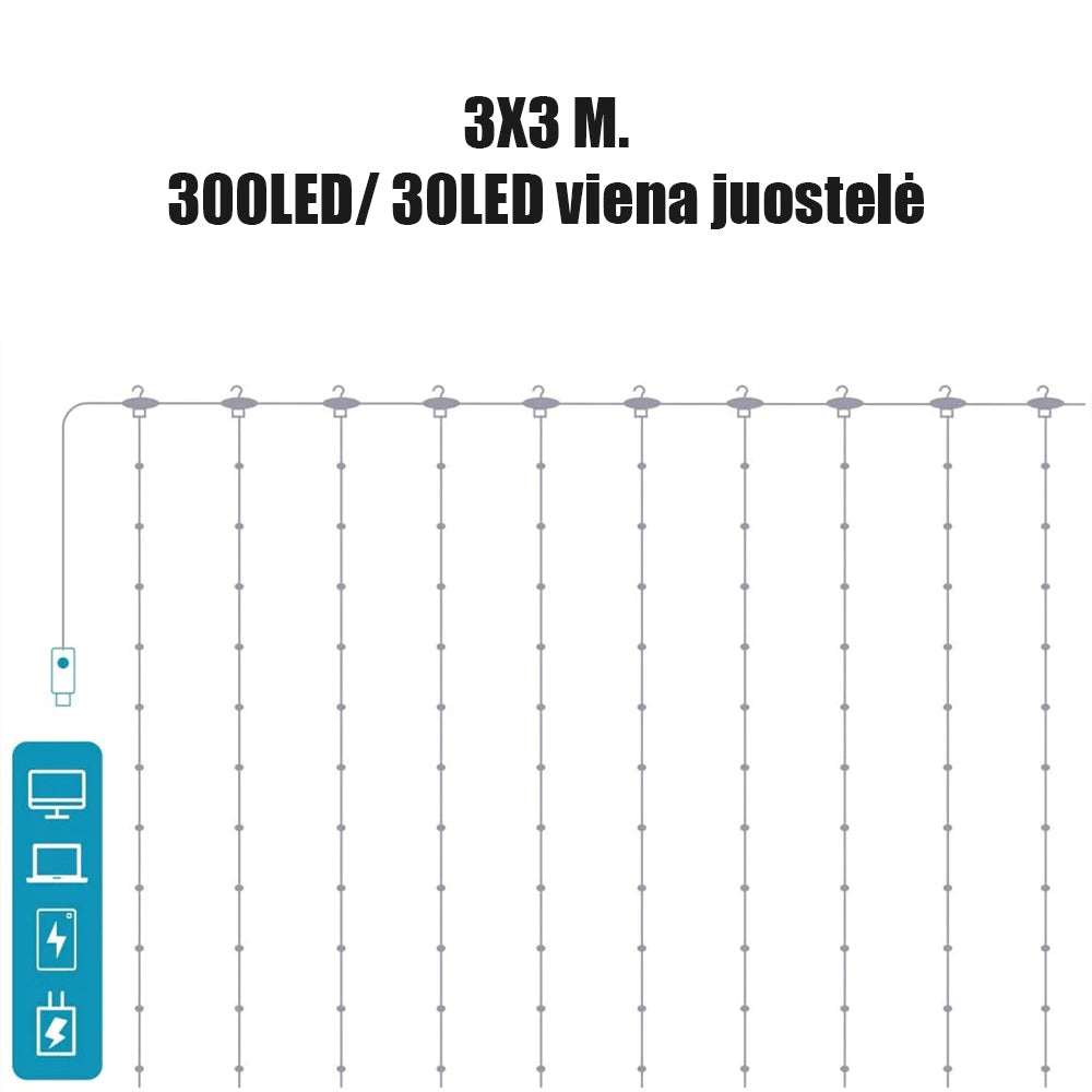 LED USB Užuolaida - Girlianda 3x3m 