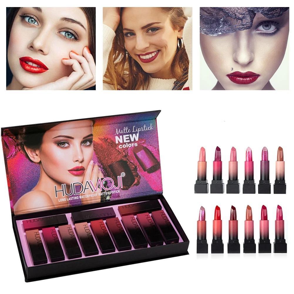 12 vnt. lūpų dažų rinkinys - tobuli atspalviai bet kokiam makiažui.